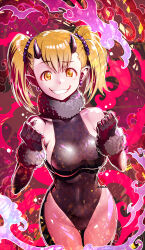 Rule 34 | 1girl, bare shoulders, black gloves, black leotard, blonde hair, breasts, clenched hand, clenched teeth, cowboy shot, crazy grin, earrings, fire, fur-trimmed gloves, fur collar, fur trim, gloves, groin, hair ribbon, high collar, highleg, highleg leotard, horns, ijiranaide nagatoro-san, jewelry, kanchiyo, leotard, medium breasts, medium hair, pointy ears, ribbon, sideboob, smile, solo, teeth, thighs, twintails, yellow eyes, yoshi (nagatoro)