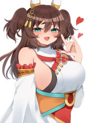 Rule 34 | 1girl, absurdres, animal ears, aqua eyes, breasts, brown hair, commentary, detached sleeves, ear covers, fang, fox shadow puppet, hair between eyes, hair ornament, heart, highres, horse ears, horse girl, horseshoe ornament, inari one (fields of gold) (umamusume), inari one (umamusume), kaoru (h8qm9), large breasts, long hair, long sleeves, looking at viewer, official alternate costume, official alternate hairstyle, open mouth, sideboob, simple background, smile, solo, thick eyebrows, two side up, umamusume, upper body, white background
