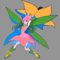 Rule 34 | 1girl, arm cannon, blue eyes, boots, digimon, digimon (creature), flower, green footwear, grey background, highres, leaf wings, lilimon, monster girl, plant, plant girl, rae (hexedwithluck), simple background, smile, solo, vines, weapon