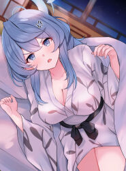 Rule 34 | 1girl, absurdres, ako (blue archive), anger vein, bed, belt, blanket, blue archive, blue eyes, blue hair, blue halo, breasts, cleavage, collarbone, halo, highres, lying, mi taro333, night, night sky, on side, robe, sky, solo, under covers
