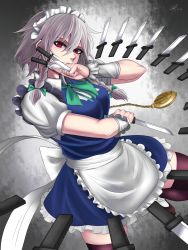 Rule 34 | 1girl, apron, between fingers, blue dress, bow, braid, breasts, collared shirt, cowboy shot, danmaku, dress, eyebrows, frilled apron, frilled dress, frills, gradient background, grey background, grey hair, hair between eyes, hair bow, highres, holding, holding knife, izayoi sakuya, knife, knives between fingers, leg up, maid, maid apron, maid headdress, medium breasts, pocket watch, puffy short sleeves, puffy sleeves, reverse grip, ribbon, serious, shiny skin, shirt, short dress, short hair, short sleeves, sleeveless, sleeveless dress, solarsadist, solo, thighhighs, thighs, touhou, twin braids, watch, white shirt, zettai ryouiki