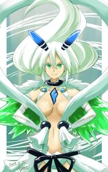 Rule 34 | 1girl, breasts, closed mouth, core crystal (xenoblade), dated, elbow gloves, gloves, green eyes, green hair, hands on own hips, highres, hisin, medium breasts, navel, revealing clothes, signature, smile, solo, stomach, white gloves, xenoblade chronicles (series), xenoblade chronicles 2, zenobia (xenoblade)