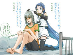Rule 34 | 10s, 2girls, absurdly long hair, alternate costume, bed, bed frame, blue eyes, blue hair, brown eyes, drying hair, elbow gloves, feet, gloves, grey hair, kantai collection, kneeling, long hair, multiple girls, pillow, samidare (kancolle), shaded face, sitting, skirt, thighhighs, thought bubble, towel, translation request, tsuta no ha, very long hair, yuubari (kancolle)