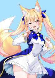 Rule 34 | 1girl, :d, absurdres, animal ear fluff, animal ears, blonde hair, blue background, blue bow, blue bowtie, bow, bowtie, breasts, cowboy shot, dress, finger to mouth, floating hair, fox ears, fox girl, fox tail, gold trim, hair between eyes, hands up, highres, leaning to the side, light blush, long hair, long sleeves, looking at viewer, one eye closed, open mouth, orange eyes, original, simple background, small breasts, smile, solo, tail, twintails, uma (uma mohumohu), v-shaped eyebrows, white dress, white sleeves, wide sleeves