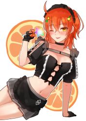 Rule 34 | 1girl, adapted costume, ahoge, black shirt, blouse, blush, breasts, fate/grand order, fate (series), fujimaru ritsuka (female), fujimaru ritsuka (female) (polar chaldea uniform), hair ornament, hair scrunchie, highres, large breasts, looking at viewer, one side up, orange eyes, orange hair, scrunchie, shirt, short hair, simotuki, smile, solo, thighs