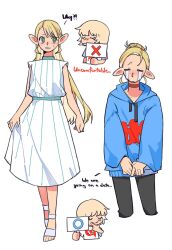 Rule 34 | 2girls, black pants, blonde hair, blue hoodie, chibi, choker, closed eyes, commentary request, contemporary, dohwa110, dress, droopy ears, dungeon meshi, english text, falin touden, green eyes, hand on own chin, highres, holding, holding sign, hood, hoodie, korean commentary, light brown hair, long hair, looking to the side, marcille donato, medium hair, multiple girls, pants, ponytail, red choker, sandals, shirt, sign, sleeveless, sleeveless dress, stroking own chin, sweatdrop, t t, very long hair, white background, white dress, white shirt, x, yuri