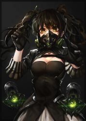 Rule 34 | 1girl, absurdres, bad id, bad twitter id, conductor baton, black gloves, black hair, breasts, cleavage, cowboy shot, dress, drone, gas mask, girls&#039; frontline, gloves, highres, long hair, looking at viewer, mask, medium breasts, mo ne, sangvis ferri, scarecrow (girls&#039; frontline), solo, twintails, yellow eyes