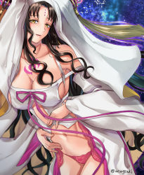 Rule 34 | 1girl, aona (anagasaki), bare shoulders, black hair, blush, breasts, chest tattoo, cleavage, collarbone, facial mark, fate/extra, fate/extra ccc, fate (series), forehead mark, highres, horn ornament, horn ring, horns, large breasts, long hair, long sleeves, looking at viewer, navel, parted bangs, revealing clothes, sessyoin kiara, smile, tattoo, veil, wavy hair, wide sleeves, yellow eyes
