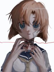Rule 34 | 1girl, @ @, arms up, asymmetrical bangs, asymmetrical hair, bags under eyes, bandage on face, bandages, bandaid, bandaid on neck, blood, blood on hands, blue eyes, blue sailor collar, crazy, crazy eyes, crying, crying with eyes open, dilated pupils, dot nose, facing viewer, gauze, hair between eyes, highres, higurashi no naku koro ni, japanese clothes, light smile, looking at viewer, medium hair, messy hair, muted color, neckerchief, nemui (nr4jk), open mouth, orange hair, parted bangs, raised eyebrows, ryuuguu rena, sailor collar, school uniform, scratching, scratching neck, self-harm, serafuku, shirt, simple background, solo, straight-on, string, string of fate, tareme, tears, triangle mouth, upper body, white background, white shirt, wide-eyed, yellow neckerchief
