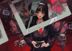 Rule 34 | 1girl, absurdres, bad id, bad twitter id, black eyes, black hair, blazer, blood, blunt bangs, breasts, burn scar, camera, closed mouth, dated, extra faces, floating hair, flower, hairband, highres, holding, holding camera, horror (theme), jacket, kawakami tomie, lapels, long hair, long sleeves, looking at viewer, maccha (mochancc), mole, mole under eye, nail polish, necktie, outside border, photo (object), red flower, red nails, red necktie, revealing layer, rope, scar, scar on face, skull, smile, solo, straight-on, surreal, timestamp, tomie, upper body, very long hair