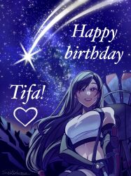 Rule 34 | 1girl, arm guards, bare shoulders, birthday, black gloves, black hair, black skirt, black thighhighs, bracelet, breasts, character name, commentary, crop top, earrings, elbow gloves, english commentary, final fantasy, final fantasy vii, final fantasy vii remake, floating hair, gloves, happy birthday, heart, highres, jewelry, large breasts, long hair, looking at viewer, low-tied long hair, midriff, mountain, navel, night, night sky, outdoors, parted lips, red eyes, seilidare, shooting star, single earring, sitting, skirt, sky, smile, solo, star (sky), starry sky, suspender skirt, suspenders, swept bangs, tank top, teardrop earring, thighhighs, tifa lockhart, toned, upper body, water tower, white tank top, zettai ryouiki