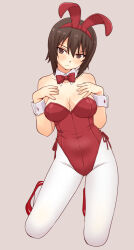 Rule 34 | 1girl, bow, bowtie, breasts, brown eyes, brown hair, cleavage, full body, girls und panzer, grey background, kneeling, leotard, medium breasts, nishizumi maho, pantyhose, red bow, red bowtie, red footwear, red leotard, short hair, side-tie leotard, sideways glance, simple background, solo, strap slip, uona telepin, white pantyhose