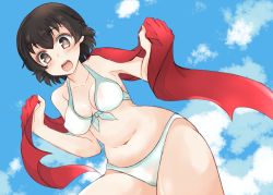 Rule 34 | 10s, 1girl, abenattou, bikini, blue bikini, breasts, brown eyes, brown hair, caesar (girls und panzer), cloud, cloudy sky, cowboy shot, day, front-tie bikini top, front-tie top, girls und panzer, holding, leaning forward, looking at viewer, medium breasts, open mouth, outdoors, red scarf, scarf, short hair, sky, smile, solo, standing, swimsuit