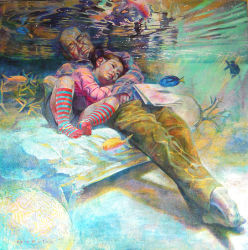 Rule 34 | 10s, 1boy, 1girl, 2010, age difference, bed, coral, father and daughter, fish, glasses, hashimoto reina, newspaper, original, realistic, sleeping, socks, surreal, underwater