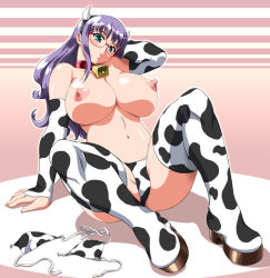 Rule 34 | animal print, bikini, blush, breasts, character request, collar, cow girl, cow print, glasses, horns, large breasts, sitting, source request, swimsuit, thighhighs, topless, toushi ryoku