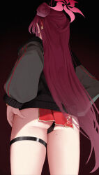 Rule 34 | 1girl, antenna hair, ass, black panties, blue archive, capitan wei, dress, from below, gradient background, hair bun, halo, hand on own hip, highres, jacket, letterman jacket, long hair, mole, mole on thigh, panties, pelvic curtain, red dress, red eyes, reijo (blue archive), simple background, single side bun, solo, thigh strap, underwear, very long hair