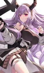 Rule 34 | 1girl, arknights, black bodysuit, black hairband, bodysuit, bow (weapon), breasts, closed mouth, commentary request, cowboy shot, floating hair, frown, hair between eyes, hairband, hand up, highres, holding, holding bow (weapon), holding weapon, horns, jacket, large breasts, legs together, long hair, long sleeves, mashita (kuzsat), off shoulder, open clothes, open jacket, pink eyes, purple hair, sidelocks, simple background, solo, thighs, twitter username, typhon (arknights), weapon, white background, white jacket