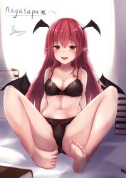 Rule 34 | 1girl, artist name, barefoot, bat wings, black bra, black panties, book, bow, bow bra, bow panties, bra, breasts, cleavage, collarbone, commission, curtains, demon girl, demon wings, fangs, feet, hair between eyes, head wings, highres, kashiwagi yamine, koakuma, leaning back, legs, long hair, looking at viewer, low wings, medium breasts, naughty face, navel, open mouth, panties, pointy ears, red eyes, red hair, second-party source, sitting, smile, solo, spread legs, thighs, toes, touhou, underwear, underwear only, wings