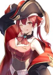 Rule 34 | 1girl, absurdres, ascot, blush, breasts, cleavage, coat, covered navel, crop top, hair ribbon, hat, heterochromia, highres, hololive, houshou marine, long hair, looking at viewer, medium breasts, one eye closed, open mouth, outdoors, pirate hat, pleated skirt, red eyes, red hair, red ribbon, red shirt, red skirt, ribbon, see-through, see-through cleavage, shirt, skirt, sleeveless, sleeveless shirt, solo, tongue, tongue out, twintails, virtual youtuber, yellow eyes, yushiro