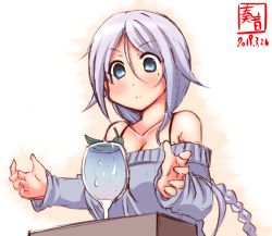 Rule 34 | 1girl, alternate costume, bare shoulders, blue eyes, blue sweater, blush, braid, breasts, cleavage, closed mouth, collarbone, cup, dated, glass, hair between eyes, hair tie, highres, kanon (kurogane knights), kantai collection, leaf, long hair, long sleeves, medium breasts, mole, mole under eye, single braid, solo, sweater, umikaze (kancolle), upper body, very long hair, water, white background, white hair