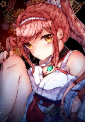 Rule 34 | 1girl, bare shoulders, black choker, black gloves, breasts, chest jewel, choker, cleavage, closed mouth, core crystal (xenoblade), detached sleeves, eyes visible through hair, fingerless gloves, glimmer (xenoblade), gloves, hair intakes, hairband, high ponytail, highres, japanese clothes, kimono, long hair, medium breasts, nemu (ut kakinotane), pink hair, ponytail, purple sash, red hairband, red pupils, sash, solo, swept bangs, two-tone hairband, white hairband, white kimono, white sleeves, xenoblade chronicles (series), xenoblade chronicles 3, xenoblade chronicles 3: future redeemed, yellow eyes