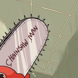 Rule 34 | album cover redraw, chainsaw, chainsaw man, copyright name, death grips, derivative work, english text, flying sweatdrops, no humans, pochita (chainsaw man), psicochurroz, solo, text focus, tile floor, tile wall, tiles