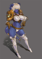 Rule 34 | 1girl, belt, blonde hair, blue eyes, blue skin, book, breasts, colored skin, draenei, gloves, grey background, hand on own hip, horns, large breasts, navel, nipples, op-fanatic, shadow, short hair, shoulder pads, simple background, solo, tail, thighhighs, warcraft, white thighhighs, world of warcraft
