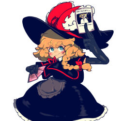 1girl absurdres apron black_capelet black_gloves black_hat black_skirt blonde_hair blue_eyes blush blush_stickers bow braid capelet card closed_mouth commentary_request cookie_(touhou) cowboy_shot elbow_gloves frilled_apron frilled_skirt frills gloves grey_apron hair_bow hat hat_bow highres holding holding_card kirisame_marisa looking_up meguru_(cookie) muimui_(4242564muimui) red_bow short_hair side_braid simple_background single_braid skirt smile solo thick_eyebrows touhou translation_request v-shaped_eyebrows waist_apron white_background witch_hat yuuhi_(cookie)