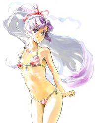 Rule 34 | 10s, 1girl, alternate costume, bikini, breasts, chikuwa (tks), front-tie top, hair ribbon, hatsuharu (kancolle), kantai collection, long hair, looking at viewer, navel, ponytail, purple eyes, purple hair, ribbon, short eyebrows, side-tie bikini bottom, simple background, sketch, small breasts, smile, solo, swimsuit, very long hair, white background