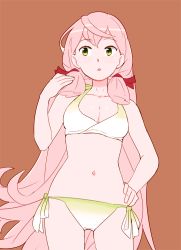 Rule 34 | 10s, 1girl, akashi (kancolle), bikini, breasts, brown background, cleavage, female focus, green eyes, hand on own hip, kantai collection, long hair, navel, ojipon, open mouth, pink hair, red background, side-tie bikini bottom, simple background, solo, standing, swimsuit, very long hair