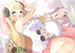 Rule 34 | 1girl, :d, absurdres, ahoge, animal ears, bare arms, bare shoulders, blonde hair, blush, breasts, camisole, commentary request, eat some cookie, frilled camisole, frills, hair down, highres, hololive, horns, impossible camisole, impossible clothes, large breasts, long hair, looking at viewer, loungewear, lying, official alternate costume, on side, open mouth, pink shorts, purple eyes, sheep ears, sheep girl, sheep horns, shorts, sleepwear, smile, solo, tsunomaki watame, tsunomaki watame (loungewear), very long hair, virtual youtuber, waking up, watamate, white camisole