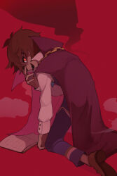 Rule 34 | 1boy, adjusting eyewear, arm support, book, brown footwear, brown hair, cape, chain, fangs, film grain, full body, glasses, highres, klug (puyopuyo), kneeling, loafers, long sleeves, looking at viewer, looking to the side, male focus, open book, open mouth, pants, popped collar, purple pants, purple vest, puyopuyo, red background, red cape, red eyes, shirt, shoes, short hair, sideways glance, simple background, smile, smoke, solo, strange klug, symbol-shaped pupils, urolo, vest, white shirt