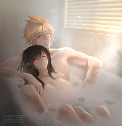Rule 34 | 1boy, 1girl, absurdres, artist name, azezazel, bath, bathing, bathroom, bathtub, black hair, blonde hair, blush, breasts, closed eyes, cloud strife, collarbone, commentary, convenient censoring, couple, english commentary, final fantasy, final fantasy vii, final fantasy vii remake, highres, indoors, large breasts, long hair, mixed-sex bathing, nude, parted lips, plant, relaxing, shared bathing, sidelocks, sitting, sitting on lap, sitting on person, spiked hair, steam, steam censor, sunlight, swept bangs, tifa lockhart, twitter username, water, wet