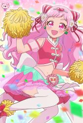 Rule 34 | 1girl, back bow, bow, clover earrings, cone hair bun, cure yell, flower, hair bun, hair flower, hair ornament, heart, heart hair ornament, heart pouch, highres, hugtto! precure, long hair, magical girl, midriff, moro precure, nono hana, open mouth, pink eyes, pink hair, pink lips, pink skirt, pom pom (cheerleading), precure, short bangs, skirt, smile, solo, thick eyelashes, thighhighs, white bow, white flower, white thighhighs, zettai ryouiki