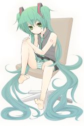Rule 34 | 1girl, aqua hair, barefoot, feet, female focus, full body, green eyes, hatsune miku, heart, long hair, necktie, panties, simple background, sitting, skirt, solo, striped clothes, striped panties, symbol-shaped pupils, twintails, underwear, very long hair, vocaloid, white background, yume (wig)