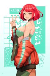 Rule 34 | 1girl, bare shoulders, blush, breasts, brown eyes, character name, cleavage, cropped legs, eyelashes, from side, green thighhighs, jacket, large breasts, light blush, looking at viewer, mynare, nintendo, off shoulder, pyra (xenoblade), red hair, short hair, sideboob, smile, solo, sports bra, standing, striped clothes, striped jacket, thighhighs, v, xenoblade chronicles (series), xenoblade chronicles 2