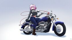 Rule 34 | ahoge, black gloves, black hairband, blush, boots, breasts, brown footwear, commentary request, cropped jacket, cross-laced footwear, denim, engine, exhaust pipe, fingerless gloves, full body, gloves, hair ornament, hairband, heart, heart hair ornament, highres, holding, jacket, jeans, komeiji satori, lace-up boots, leather, leather jacket, leg up, long sleeves, looking at viewer, medium breasts, messy hair, midriff, motor vehicle, motorcycle, navel, one eye closed, open mouth, pants, purple hair, red eyes, scavia10, shadow, signature, simple background, sitting, sitting on object, stomach, third eye, touhou, vehicle focus, white background