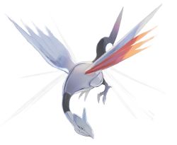 Rule 34 | blurry, closed mouth, commentary request, creatures (company), full body, game freak, gen 2 pokemon, gigigimimi, grey eyes, highres, nintendo, no humans, pokemon, pokemon (creature), skarmory, solo, talons, white background