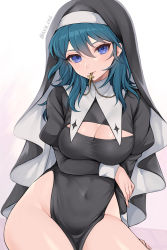 Rule 34 | 1girl, absurdres, alternate costume, banned artist, black dress, blue eyes, blue hair, breasts, byleth (female) (fire emblem), byleth (fire emblem), cleavage, cleavage cutout, clothing cutout, commentary request, covered navel, cross, cross necklace, dress, fire emblem, fire emblem: three houses, groin, habit, hair between eyes, highres, jewelry, juliet sleeves, long hair, long sleeves, looking at viewer, medium breasts, mouth hold, necklace, nintendo, no panties, nun, puffy sleeves, shimizu akina, sitting, smile, solo, thighs