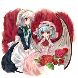 Rule 34 | 2girls, apron, ascot, bat wings, blue dress, blue eyes, blue hair, bow, braid, child, curtains, dress, female focus, flower, frilled shirt collar, frilled sleeves, frills, green bow, hat, izayoi sakuya, long sleeves, maid, maid apron, maid headdress, mob cap, multiple girls, own hands together, pink dress, pink hat, red ascot, red bow, red eyes, red flower, red ribbon, red rose, remilia scarlet, ribbon, rose, sash, shirt bow, short hair, smile, torii sumi, touhou, twin braids, white hair, wings