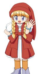 Rule 34 | 1girl, :d, blonde hair, blue bracelet, bow, bracelet, braid, cocia (kosianko), commentary request, dragon quest, dragon quest xi, dress, hair over shoulder, hand on own hip, hat, highres, jewelry, long hair, open mouth, orange socks, puffy sleeves, purple eyes, red dress, red hat, short sleeves, smile, socks, twin braids, veronica (dq11), waist bow, waving, white background