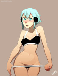 Rule 34 | 10s, 1girl, aqua eyes, aqua hair, artist name, bare shoulders, blush, bra, breasts, eyebrows, feet out of frame, female focus, freckles, hair between eyes, hair ornament, hairclip, highres, legs together, lips, looking at viewer, medium breasts, navel, nose, open mouth, panties, pulled by self, short hair, simple background, sinner! (sillygirl), sinon, solo, standing, sword art online, teeth, thigh gap, underwear, upper teeth only, watermark, web address