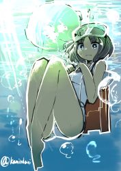 Rule 34 | 1girl, :t, backlighting, backpack, bag, blue eyes, bob cut, bubble, female focus, goggles, goggles on head, grey hair, highres, kaamin (mariarose753), kantai collection, maru-yu (kancolle), one-piece swimsuit, randoseru, short hair, solo, swimsuit, twitter username, underwater, white one-piece swimsuit