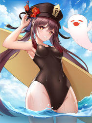 Rule 34 | 1girl, arm up, armpits, bare shoulders, black one-piece swimsuit, blue sky, blush, breasts, brown hair, covered navel, closed eyes, flower, genshin impact, ghost, groin, hat, hat flower, hu tao (genshin impact), kenpong, looking at viewer, ocean, one-piece swimsuit, open mouth, partially submerged, red eyes, sky, small breasts, smile, swimsuit, symbol-shaped pupils, top hat, water, wet