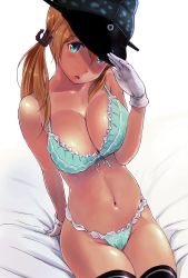 Rule 34 | 10s, 1girl, :o, arm behind back, bad id, bad twitter id, black thighhighs, blonde hair, blue bra, blue eyes, blue panties, blush, bra, breasts, cleavage, female focus, gloves, gradient background, hat, highres, inactive account, kantai collection, large breasts, long hair, looking at viewer, navel, open mouth, panties, peaked cap, prinz eugen (kancolle), remodel (kantai collection), sitting, solo, tan, thighhighs, twintails, underwear, underwear only, wa (genryusui), white gloves