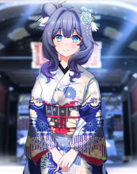 Rule 34 | 1girl, absurdres, alternate costume, alternate hairstyle, arknights, astesia (arknights), black sash, blue eyes, blue flower, blue hair, blush, bright pupils, ddddecade, flower, hair bun, hair flower, hair ornament, highres, japanese clothes, kimono, long sleeves, looking at viewer, obi, outdoors, own hands together, sash, single hair bun, smile, solo, split mouth, upper body, white kimono, white pupils, wide sleeves
