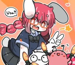 Rule 34 | 1girl, :d, animal ears, blue shirt, blush, bow, braid, carrot, commentary request, glasses, glowstick, grey bow, grey skirt, hand up, heart, highres, long hair, looking at viewer, low twintails, multicolored hair, open mouth, orange-tinted eyewear, original, pink hair, pleated skirt, rabbit ears, red eyes, red hair, semi-rimless eyewear, shirt, short eyebrows, short sleeves, skirt, smile, solo, star (symbol), streaked hair, teeth, thick eyebrows, tinted eyewear, twin braids, twintails, under-rim eyewear, uni souchou, upper teeth only, v, very long hair