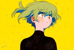 Rule 34 | 1girl, black shirt, blush, expressionless, floating hair, green hair, highres, orange eyes, original, ruu wan mm, shadow, shirt, short hair, signature, solo, upper body, yellow background