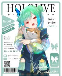 Rule 34 | 1girl, :d, absurdres, animal, animal in clothes, artist name, barcode, bird, blue hair, blue jacket, blush, cat, chick, commentary, cover, double bun, fake cover, fang, gradient hair, green hair, green nails, hair bun, hair ornament, hamster, head tilt, highres, holding, holding paw, hololive, jacket, long hair, long sleeves, looking at viewer, multicolored hair, nail polish, open mouth, partially unzipped, piyoko (uruha rushia), qr code, red eyes, see-through, see-through sleeves, smile, solo, translation request, twintails, twitter username, upper body, uruha rushia, v, virtual youtuber, yoshikawa hiro, youtube username