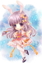 Rule 34 | 1girl, animal ears, arch bishop (ragnarok online), black footwear, bow, commentary request, crescent, crescent hair ornament, cross, dress, dress bow, frilled dress, frilled sleeves, frills, full body, gobaku no hito, hair bow, hair ornament, long hair, looking at viewer, multiple hair bows, official alternate costume, open mouth, pink bow, pointy ears, purple bow, purple eyes, purple hair, rabbit ears, ragnarok online, red bow, red dress, shoes, sidelocks, solo, sparkle, thighhighs, two-tone dress, white dress, white thighhighs, yellow bow
